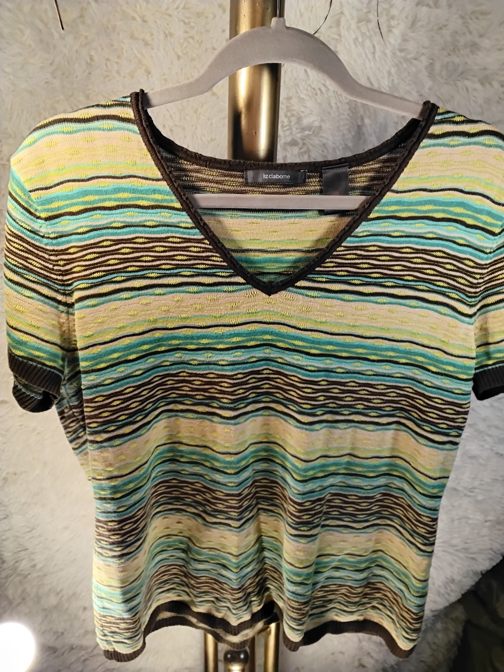 Liz Claiborne Green Multistripe V‑Neck Knit Top - Size XL